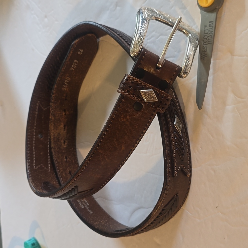 Mens Brown Premium Leather Woven Silver western and Silver Buckle Belt Sz.L/XL